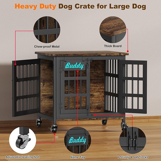 EasyCom Heavy Duty Dog Kennel Indoor with Name Tag, 27" Dog Crate Furniture for Small Dogs, Double-Doors Sturdy Metal Dog Cage for Anxiety Dog-PawvioPets