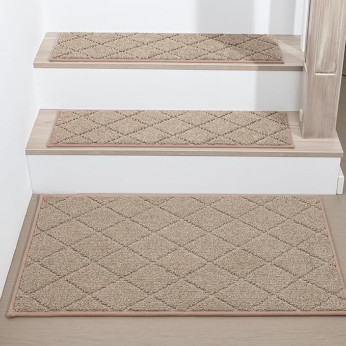 COSY HOMEER Edging Stair Treads Non-Slip Corner Indoor Stair Runners for Wooden Steps,Landing Slip Resistant Stair Rugs for Kids and Dogs, 100% Polyester TPE Backing,Beige,20"X32"-PawvioPets
