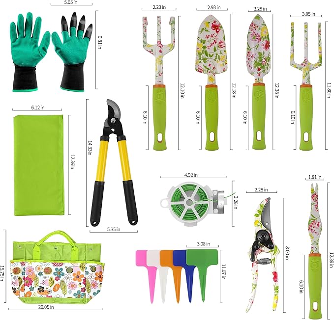 41-Piece Premium Gardening Tool Set, Stainless Steel Heavy Duty Gardening Tool Kit, with Non-Slip Rubber Grip, Storage Tote Bag, Outdoor Hand Tools, Ideal Gardening Gifts for All (Pink Floral)-PawvioPets