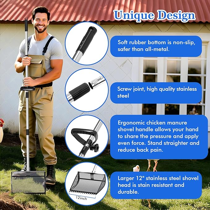 12 Inch Chicken Poop Scooper & Rake 2-in-1, Large Metal Shovel Head, Rubber Handle Stainless Steel Chicken Litter Scoop for Chicken Coops, Litter Screening Scoop (35 to 65in) US Patent Pending (Black)-PawvioPets