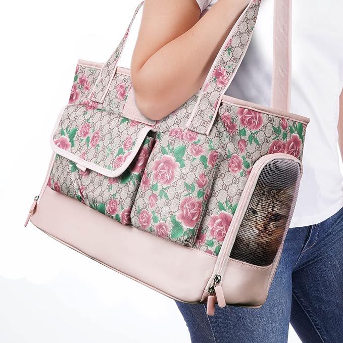 Dog Carrier, Cat Carrier, Pet Carrier, Foldable Waterproof Premium PU Leather Oxford Cloth Dog Purse, Portable Tote Bag Carrier for Small to Medium Cats and Small Dogs (Flower Pattern)-PawvioPets