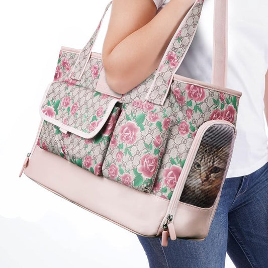 Dog Carrier, Cat Carrier, Pet Carrier, Foldable Waterproof Premium PU Leather Oxford Cloth Dog Purse, Portable Tote Bag Carrier for Small to Medium Cats and Small Dogs (Flower Pattern)-PawvioPets