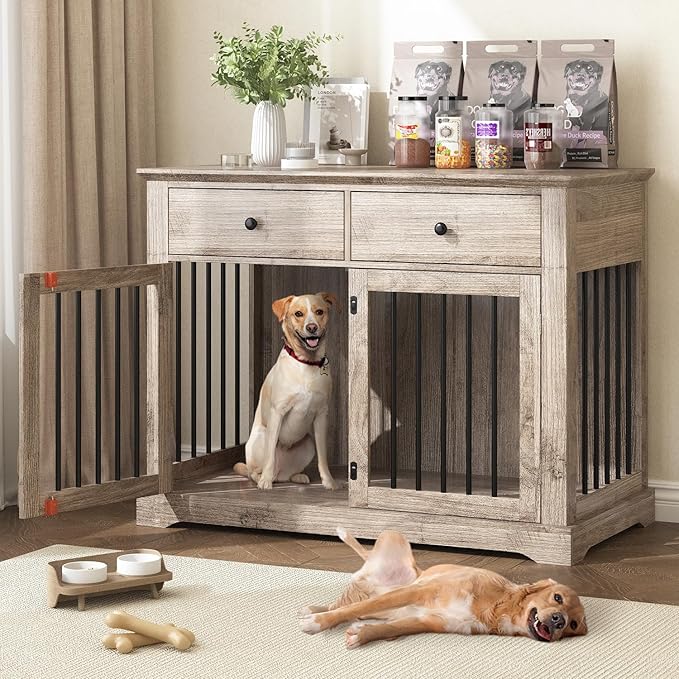 Dog Crate Furniture, 44 Inch Wooden Dog Kennel Indoor with 2 Storage Drawers, Heavy Duty Large Crate Furniture, Decorative End Table Cage Furniture for Small/Medium/Large (Grey)-PawvioPets