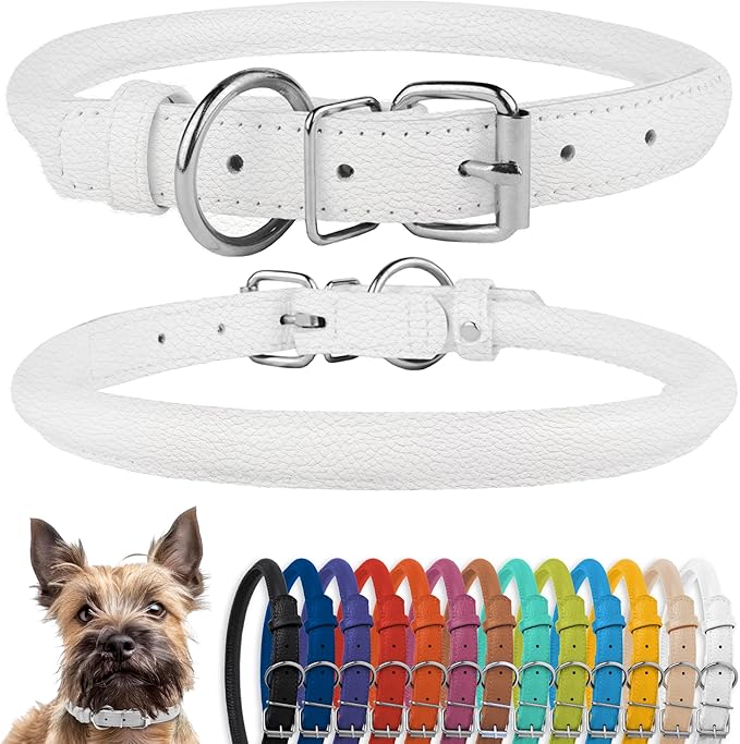CollarDirect Rolled Leather Dog Collar, Soft Padded Round Puppy Collar, Handmade Genuine Leather Collar Dog Small Large Cat Collars 13 Colors (6 Inch, White Textured)-PawvioPets