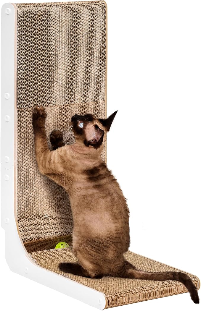 EHEYCIGA Cardboard Cat Scratcher for Indoor Cats, 26.8 Inch L Shaped Vertical Cat Scratching Board with Ball Cat Toy, Large Cat Scratcher Pad, White-PawvioPets