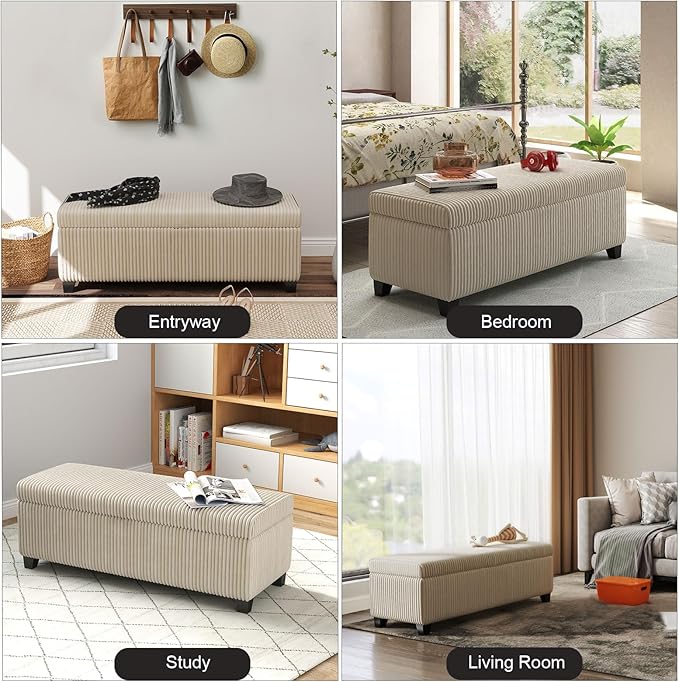 48" Ottoman with Storage, Corduroy Storage Ottoman Bench for Bedroom, End of Bed Bench with Safety Hinge for Living Room, Bedroom, Entryway, Beige-PawvioPets