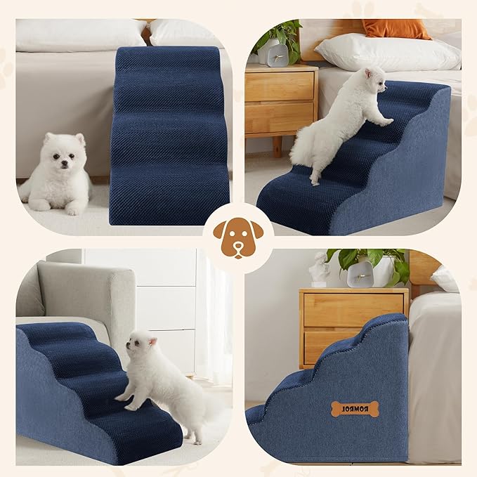 Dog Stairs, Romrol Dog Steps Ramp for High Bed and Couch, Dogs Ramp with Durable Non-Slip Waterproof Fabric Cover, Pet Stairs for Small Dogs and Cats or Pets Joints, 4-TiersNavy-PawvioPets