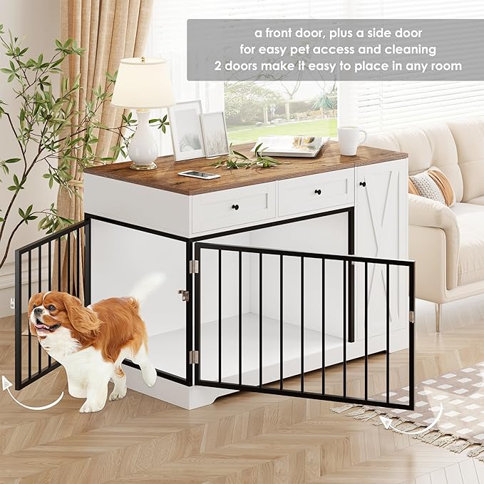 Dog Crate Furniture Kennel with Double Doors Wooden Pet House with 2 Drawers and Storage Cabinet, Indoor Dog Cage Farmhouse Modern Side End Table for Small Medium Dogs, White-PawvioPets