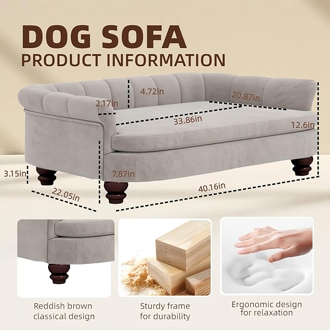 Dog Couch Sofa Bed, Comfortable Pet Sofa for Large and Medium Dogs, Soft Velvet Cushion, Durable Pet Furniture for Living Room, Washable Dog Bed for Couch 40.16‘’ (Gray)-PawvioPets