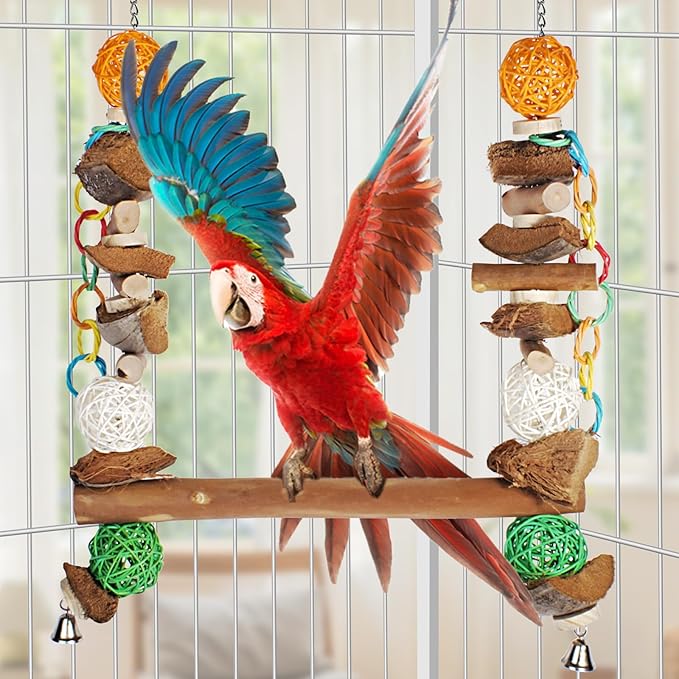 3-in-1 Parrot Toys Natural Coconut Fiber Parrot Hammock (Swing + Perch + Chew Toy) Natural Bird Perches for Medium Large Birds - 23" Bird Toys for Parrots Stand-PawvioPets