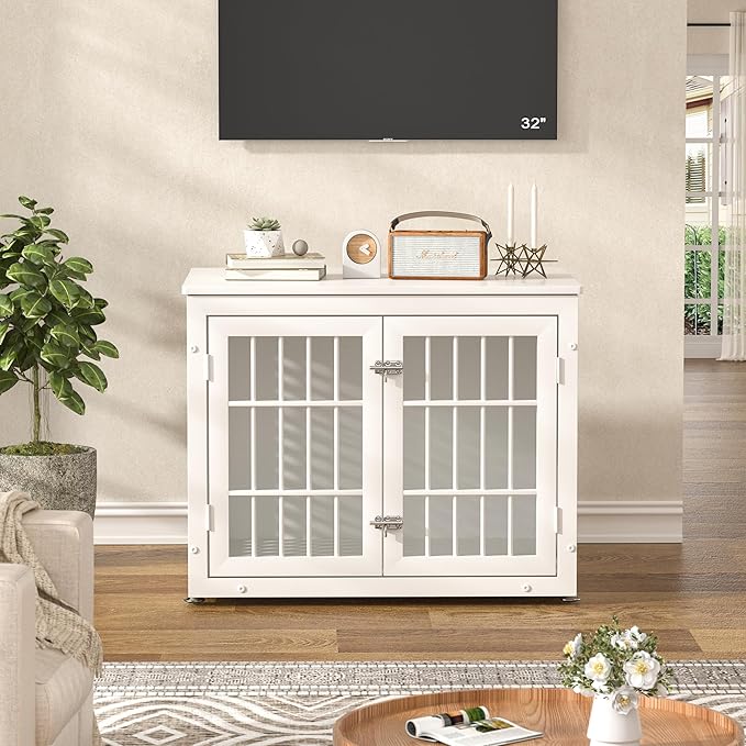 32" Heavy Duty Dog Crate Furniture for Small and Medium Dogs, Metal Kennel for High Anxiety Dogs, Chew Proof Pet Cage Indoor, Decorative Dog Kennel End Table, White-PawvioPets