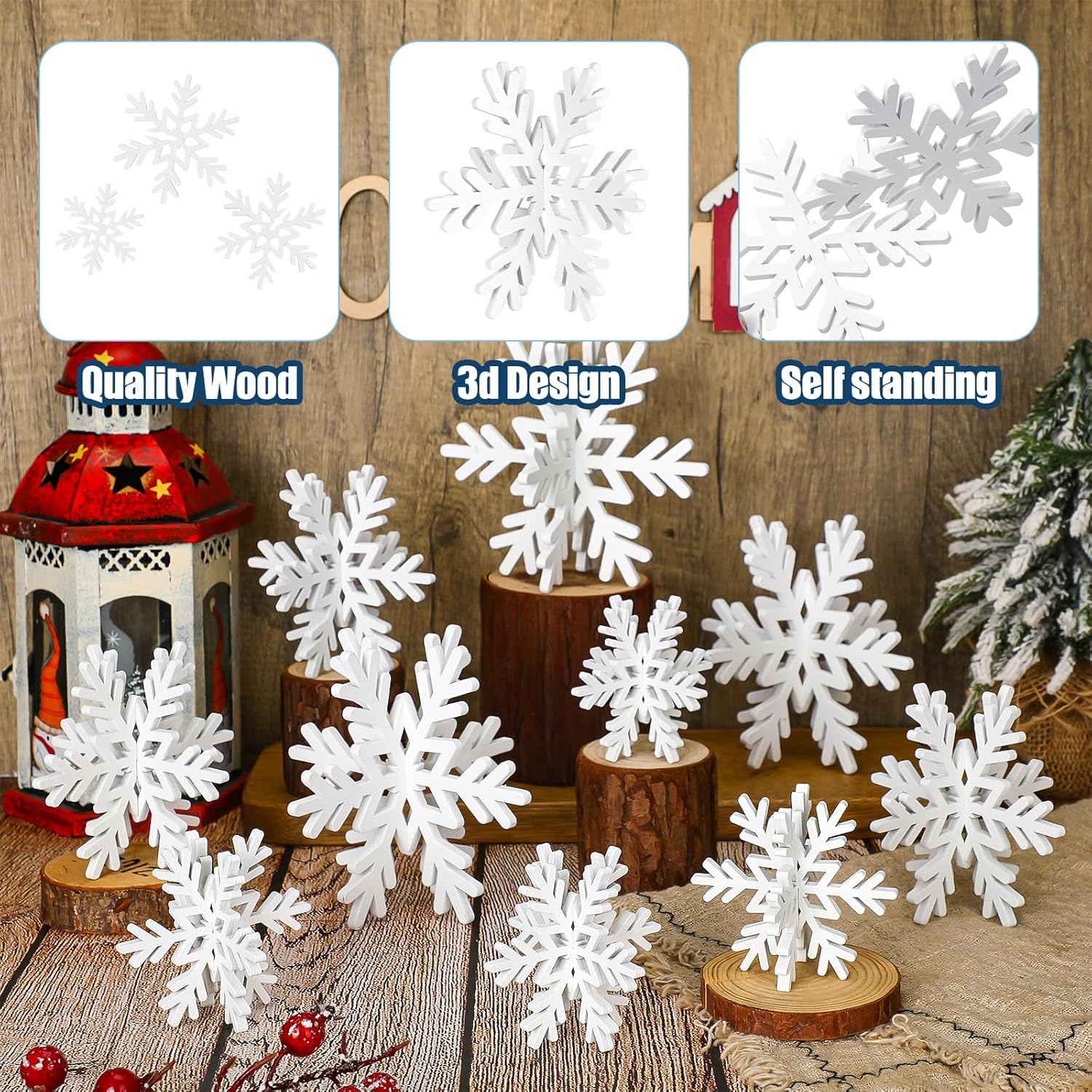 Qunclay 20 Pcs Wooden Snowflake Decorations 3D Snowflake Tabletop Decor Christmas Signs and Centerpiece for Winter Wonderland Decorations Xmas Tiered Tray Decor(White)