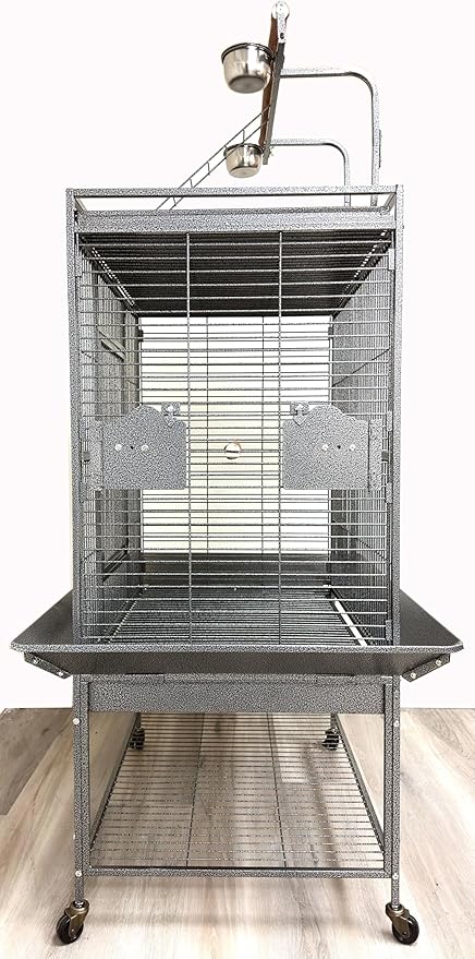 Extra Large Elegant and Durable Wrought Iron Climbing Ladder Perch Stand Play Top Ground Bird Parrot Metal Cage Around Seed Guard Storage Shelf with Heavy Duty Lockable Rolling Wheels-PawvioPets