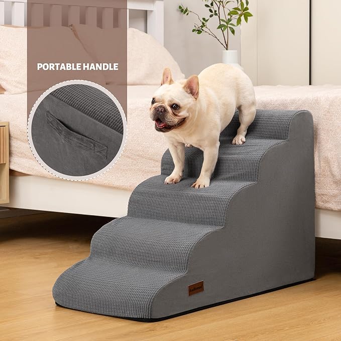 5-Step Dog Stairs and Ramp for High Bed, Non-Slip Sturdy Pet Steps for Small Dogs and Cats,22.2" H,Grey-PawvioPets