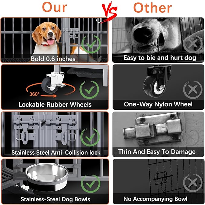 aboxoo 42/48 inch Heavy Duty Metal Dog Crate for 2 Dogs/Large Dog,All Metal Open Top,Dog Kennel Indoor with Wheels,Floor Grid, Tray, Divider and Feeding Bowl (Sliver)-PawvioPets