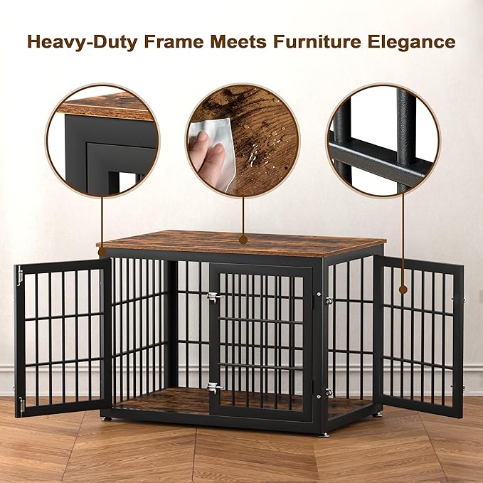 38 Inch Heavy Duty Dog Crate Furniture for Large and Medium Dogs, Decorative Pet House End Table, Wooden Cage Kennel Furniture Indoor, Rustic Brown-PawvioPets