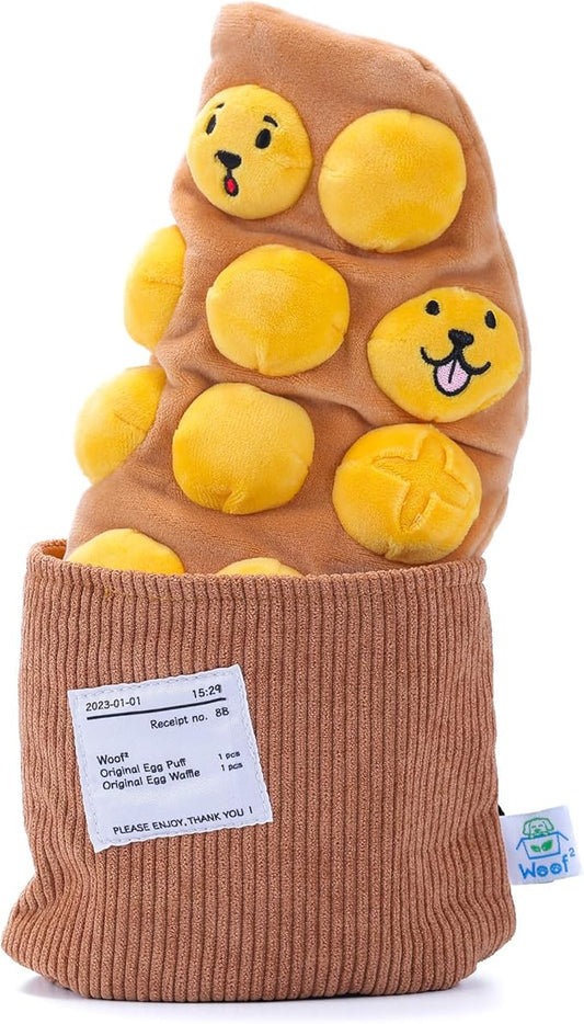 Egg Puff/Waffle 2-in-1 Nose-Work Soft Plush Squeaky Dog Toy - Durable, Cute & Fun HK Gift for Interactive Bonding Time, Hide Chew Sticks & Food for Puzzle Play, Small Medium Dogs-PawvioPets