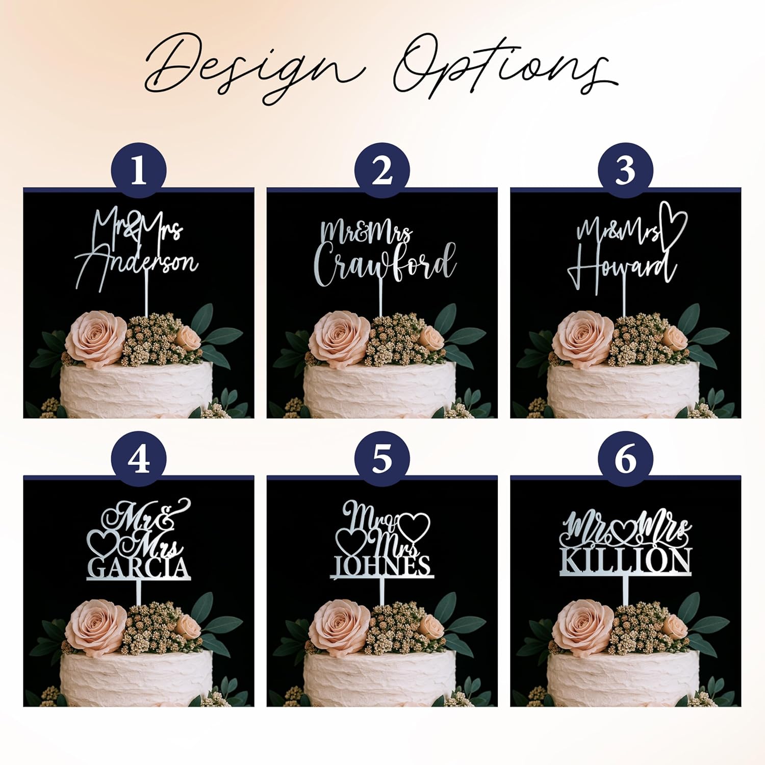 Personalized Mr & Mrs Wedding Cake Topper - Custom Last Name Cake Decoration - 6 Elegant Designs – Wood or Acrylic – 11 Colors – Ideal for Weddings & Anniversaries