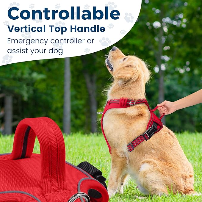 Funfox Dog Harness No Pull, Adjustable Pet Vest Harness, Super Soft Material with Vertical Handle Easy Control, Reflective Night Walking, 2 Leash Clips for Medium Sized Dogs, Red, M-PawvioPets