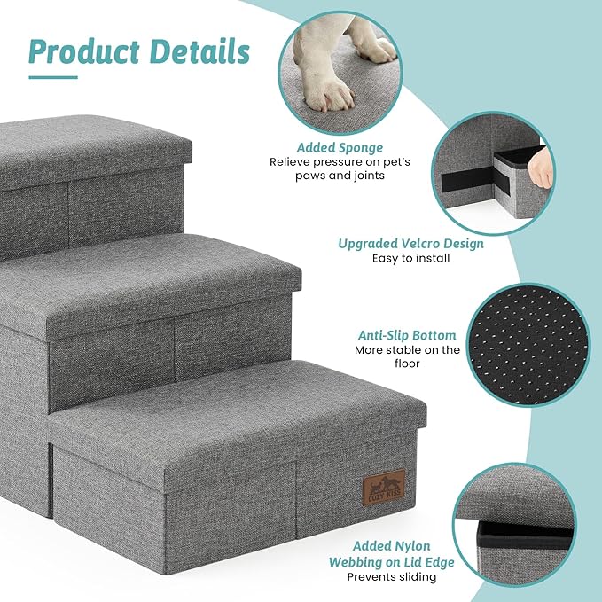 Dog Stairs with Storage, 4-Step Wider Sturdy Dog Steps for Small/Medium/Large Dogs and Older Cats, Folding Doggie Ramp for Bed/Couch/Car Hold Up to 180 lbs (22" H, Grey)-PawvioPets