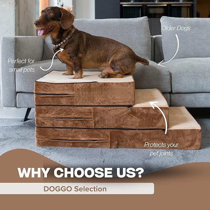 All-in-One Adjustable Dog Stairs – 5-Step Premium Pet Ramp for Small to Large Dogs – Sturdy, Non-Slip & Versatile for Beds, Sofas & More - Soft Cover, Modern Design (Brown)-PawvioPets