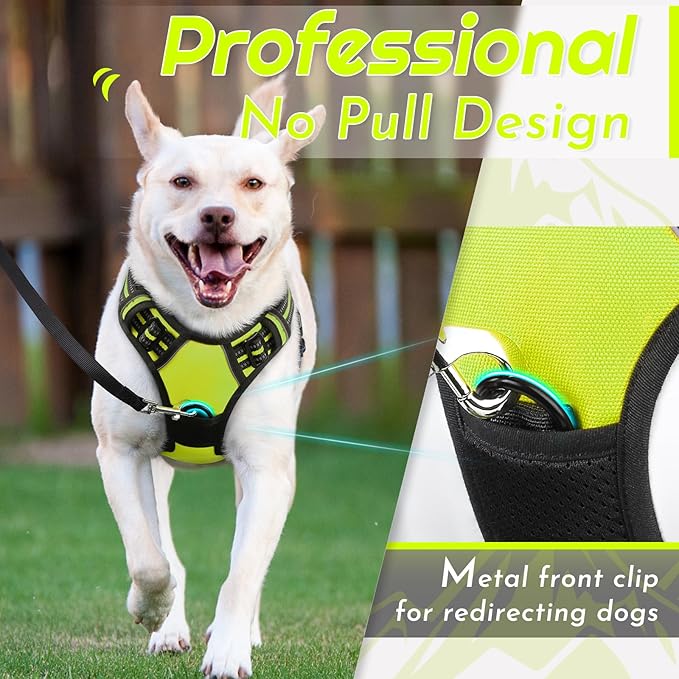 Eagloo Dog Harness Medium Sized Dog, No Pull Service Vest with Reflective Strips and Control Handle, Adjustable and Comfortable for Walking, No Choke Pet Harness with 2 Metal Rings, Green, M-PawvioPets