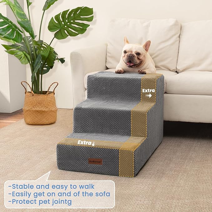 Dog Stairs for Small Dogs & Cats,3-Step Extra Wide Non-Slip Pet Steps for Couch Sofa and Chair,Grey,15.7" H-PawvioPets