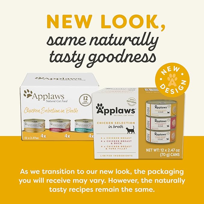 Applaws Natural Wet Canned Cat Food, Made with Limited and Natural Ingredients, Real Protein with No Artificial Additives, Chicken Selection Variety Pack in Broth (12 x 2.47oz Cans)-PawvioPets
