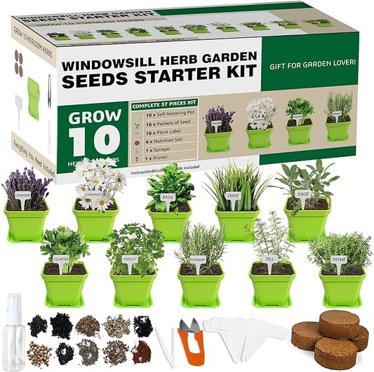 10 Herb Seeds Garden Starter Grow Kit with Green Pots, Markers, Nutritional Soil, Watering, Herb Clipper, Complete Indoor Potted Plant Growing Set for Kitchen DIY-PawvioPets