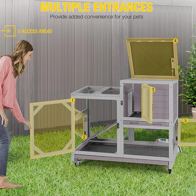 AIVITUVIN 2-Story Rabbit Hutch Indoor for 2-4 Rabbits & Guinea Pigs Wooden Small Animal Cage Guinea with Chew-Proof Design & Slide-Out Trays Bunny Cage with Lockable Wheels-PawvioPets