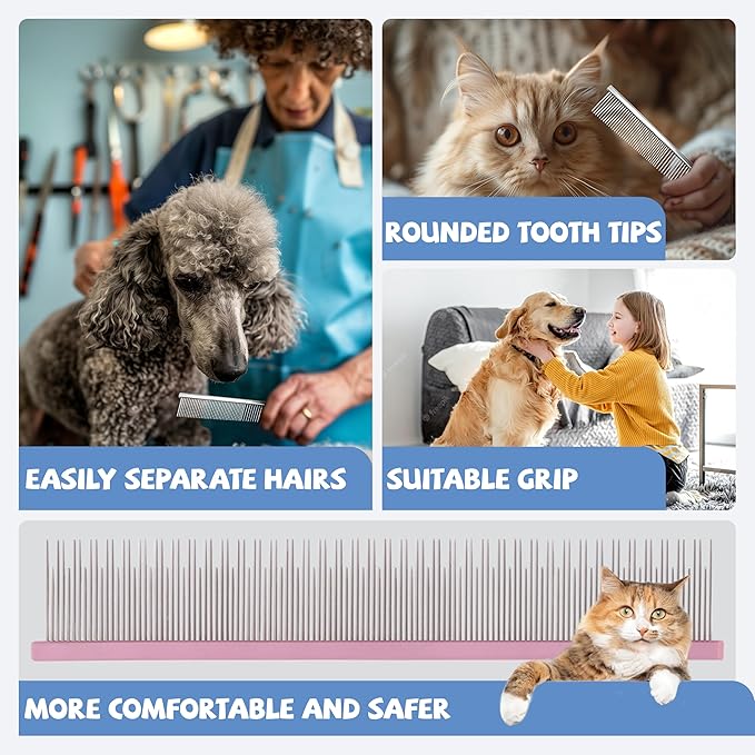 8.5 Inch Upgrade Pink Professional Pet Comb,Dual-Tooth Grooming Comb Anti-Static Smooth Rounded Corners Prevent Friction Breakage and Irritation,Long-Haired Cats and Dog Essential,Christmas Pet Gift-PawvioPets
