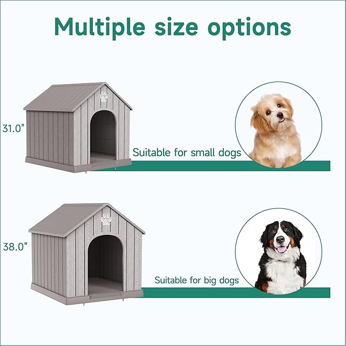 DRATO Indoor Outdoor Waterproof Dog House,PP Material,Puppy Shelter with Air Vents and Elevated Floor,Sturdy Dog Kennel for Small to Large Sized Dogs, Easy to Assemble (Gray, 38.62×36.26×38.07 Inches)-PawvioPets