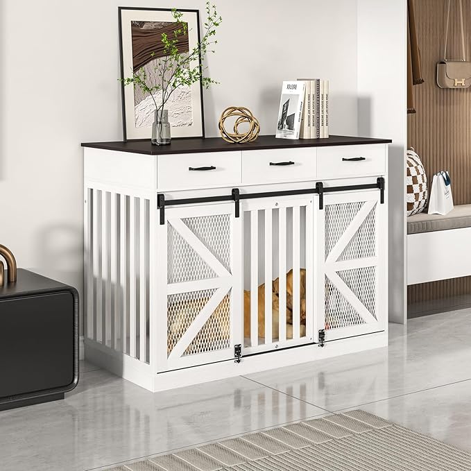 48'' Dog Crate Furniture with Divider&Storage Drawers, Wooden Double Dog Kennel Furniture End Table with Sliding Barn Doors, White Double Dog Crate TV Stand-PawvioPets