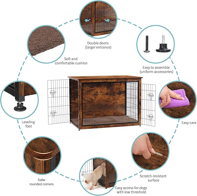 DWANTON Dog Crate Furniture with Cushion, Wooden Kennel Table with Double Doors, Indoor Dog House, Extra Large Size, 43.3" L, Rustic Brown-PawvioPets
