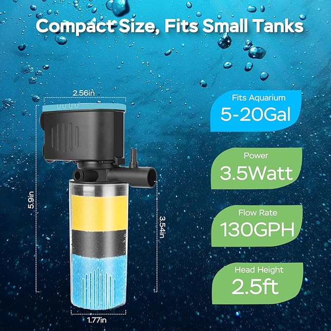 Aquarium Filter 3-Stage in-Tank Filter, Small Internal Fish Tank Filter, Submersible Pumps Filter for 5-20 Gallon Tanks, Turtle Tank Filter, with Dual Water Outlet & Aeration-PawvioPets