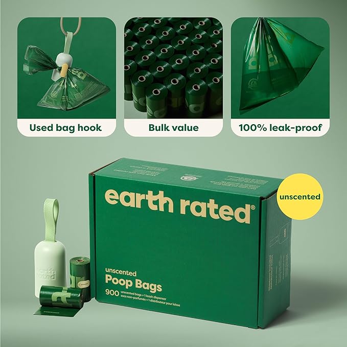 Earth Rated Dog Poop Bag Holder, Durable and Guaranteed Leakproof, Unscented, 1 Dispenser and 900 Bags-PawvioPets
