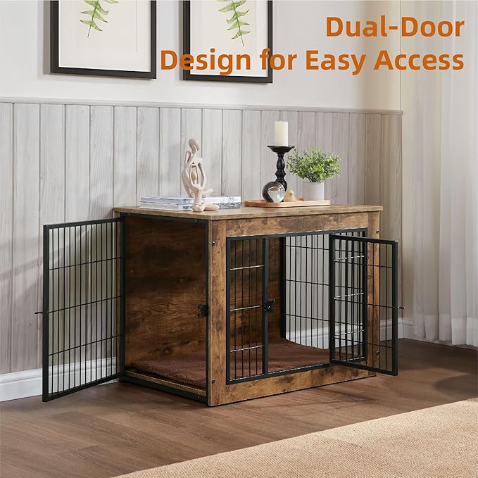 FLEXIMOUNTS Dog Crate Furniture with Cushion, Wooden Dog Kennel Furniture, Heavy Duty Dog Cage, 40" Dog Kennel with Double Doors, L-PawvioPets