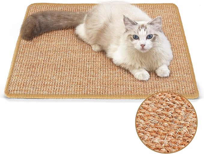 FUKUMARU Cat Scratcher Mat, 23.6 X 15.7 Inch Natural Sisal Cat Scratch Mats, Horizontal Cat Floor Scratching Pad Rug with Sticky Tapes, Protect Couch and Carpets-PawvioPets