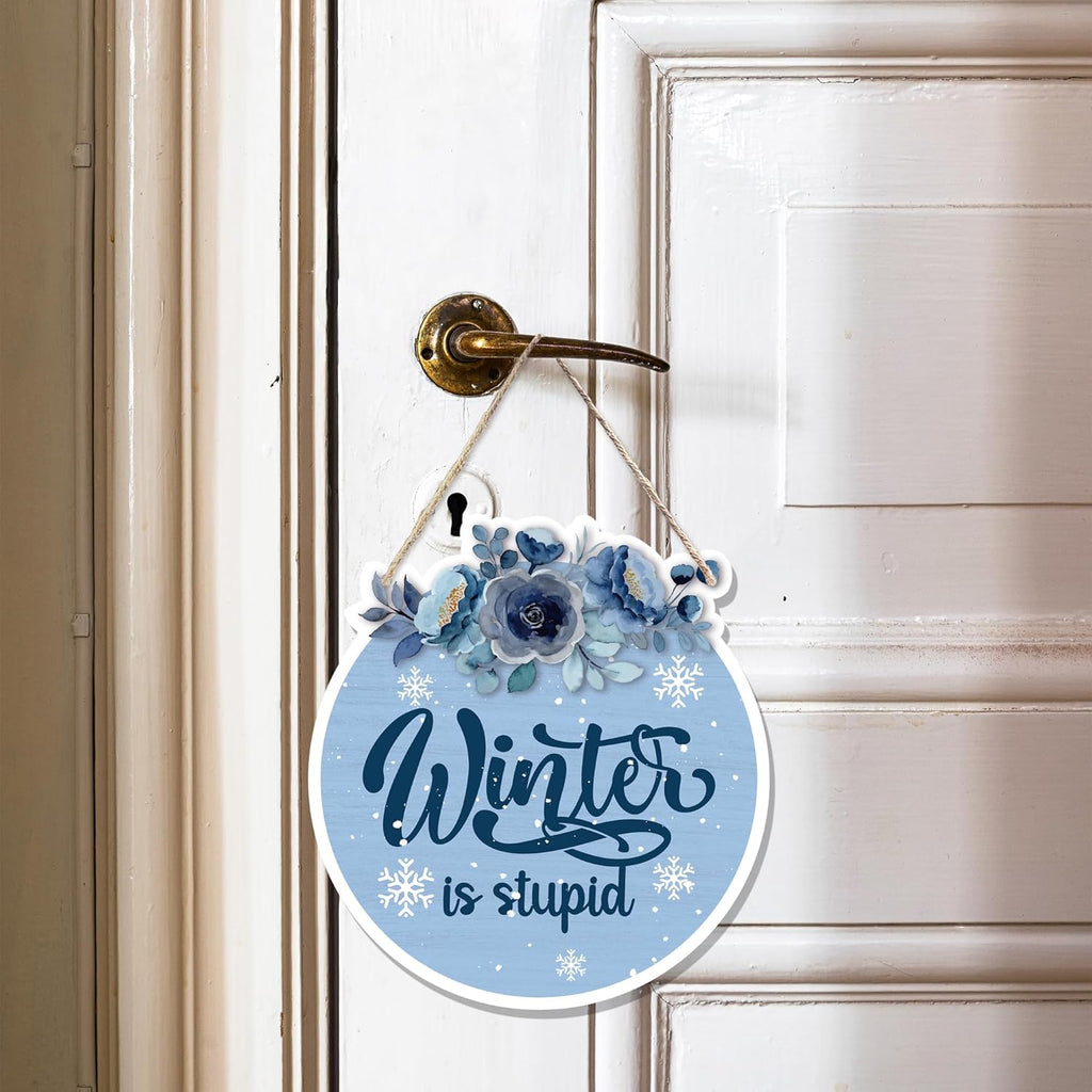 CGBHW Funny Navy Blue Winter Christmas Wooden Sign, Winter Snowflake Snowy Dusty Blue Flowers Decoration Hanging Sign Wall Decor, Christmas Seasonal Holidays Wooden Signs for Home Door Decor 12 x 12 Inch