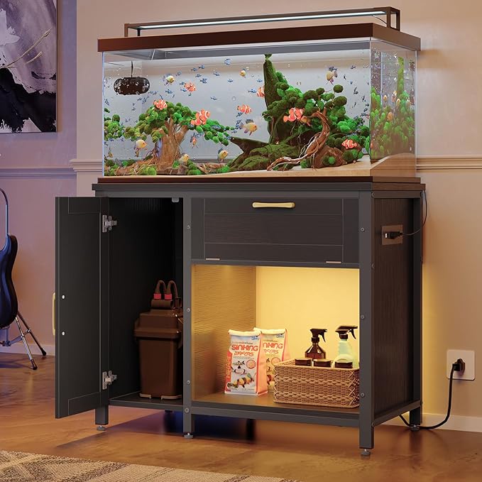Bestier 40-50 Gallon Fish Tank Stand with Power Outlet&LED Light, 37x18 Heavy-Duty Metal Aquarium Stand with Cabinet&Drawer for Accessories Storage, Suit for Reptile/Turtle Terrarium,660Lbs Capacity-PawvioPets