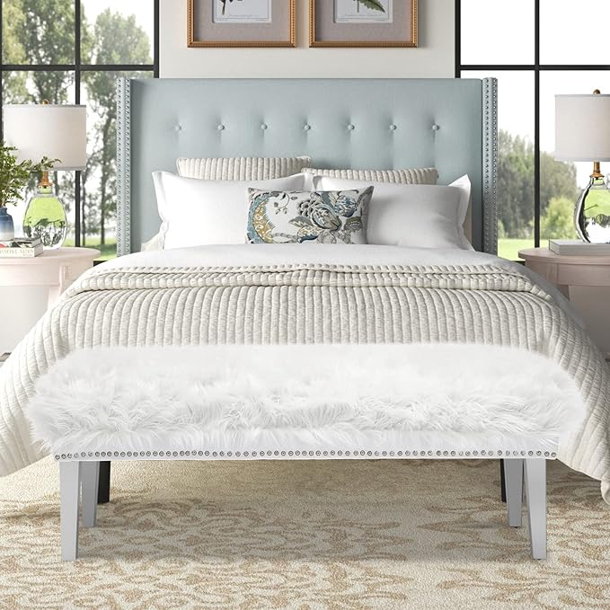 46 Inch White Bedroom Bench, Modern Multi-Purpose Bench with Wooden Legs, White Faux Fur Upholstered Bench for Bedroom, Living Room, or Entryway-PawvioPets
