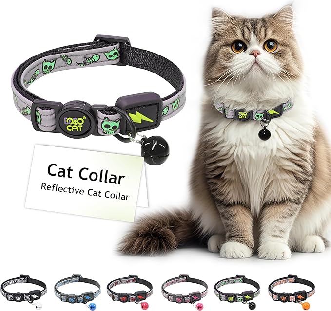 DOCO Cat Collar (Neck Girth - 3/8" x 7.5-12", Weight Upto - 13lb) Reflective Cat Collar with Bell, Breakaway Safety Buckle, Adjustable Nylon Strap for Kittens & Adult Cats (Lime)-PawvioPets