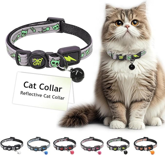 DOCO Cat Collar (Neck Girth - 3/8" x 7.5-12", Weight Upto - 13lb) Reflective Cat Collar with Bell, Breakaway Safety Buckle, Adjustable Nylon Strap for Kittens & Adult Cats (Lime)-PawvioPets