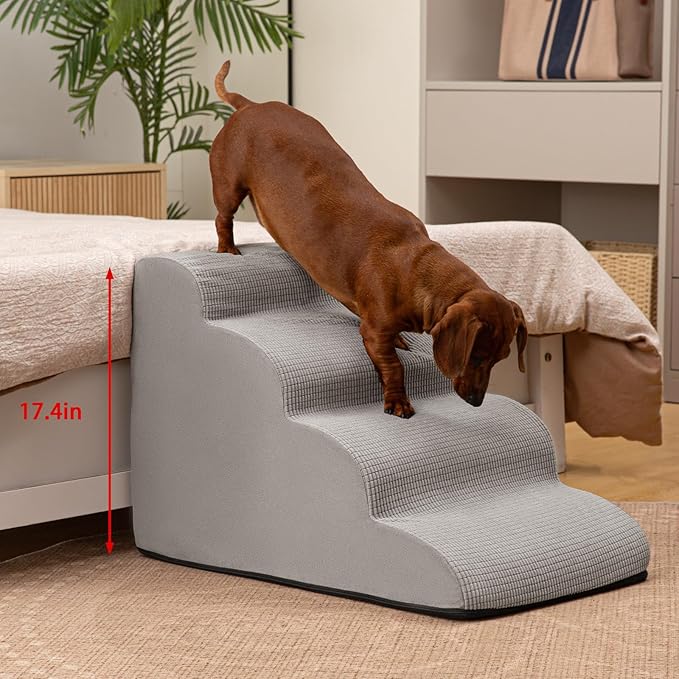 4-Step Dog Stairs and Ramp for Beds or Couches,Non-Slip Sturdy Pet Steps for Small Dogs and Cats,17.4" H,Light Grey-PawvioPets