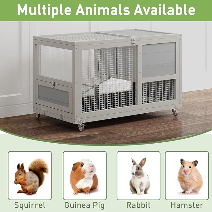 COZIWOW Wooden 36Inches Rabbit Hutch Outdoor with Wheels Bunny Cage Indoor Rabbit Cage with Clean Tray, Openable Roof, Anti-Slip Ramp for Small Bunny (Grey with Pattern)-PawvioPets