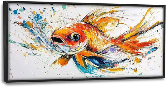 Framed Large Fish Wall Art for Living Room, Oversized Graffiti Goldfish Wall Decor Watercolor Fishing Canvas Painting Modern Artwork Home Decoration for Living Room Bedroom Office 60"x30"-PawvioPets
