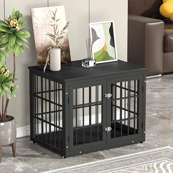 32 Inch Heavy Duty Dog Crate Furniture for Medium and Small Dogs, Decorative Pet House End Table, Wooden Cage Kennel Furniture Indoor, Black-PawvioPets