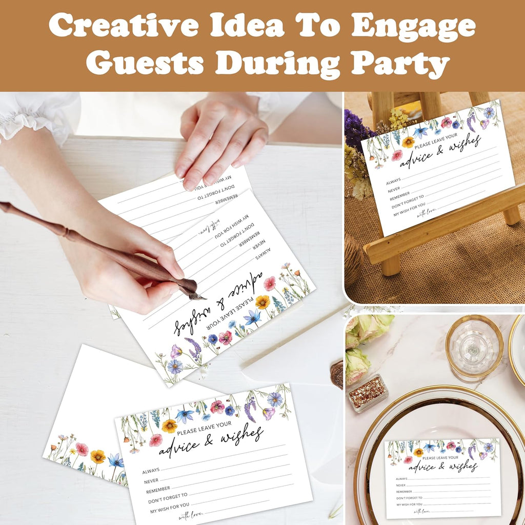 Advice And Wishes Cards (25pcs), Wildflowers Advice Cards For Mr And Mrs, Bride And Groom, New Parents, Bridal Shower, Baby Shower, Engagement, Wedding, Bachelorette Party Games Decor -A05