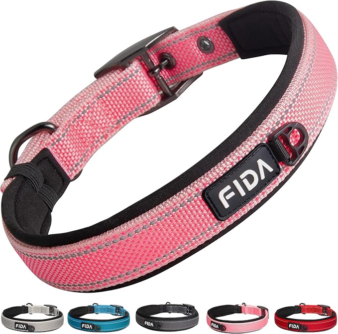 Fida Heavy Duty Dog Collar, Ultra Comfortable Soft Neoprene Padded, Adjustable Reflective Nylon Pet Collar with Durable Metal Belt Buckle for Medium Breeds (M, Pink)-PawvioPets