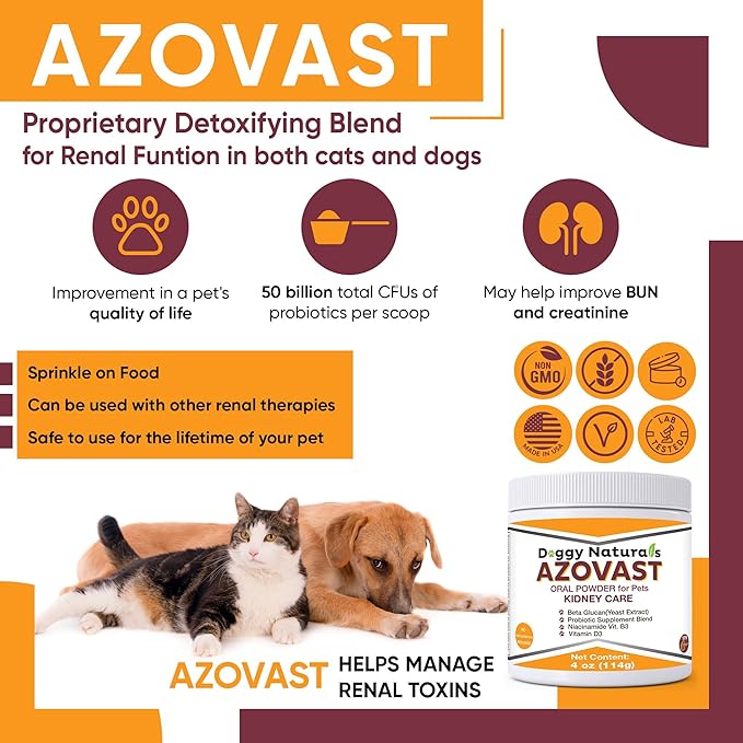Azovast Powder Kidney Restores & Kidney Powder for Dogs & Cats, (4 Oz) - (175 Scoop/Jar) NO Refrigeration Required - Help Support Kidney Function & Manage Renal Toxins (Made in U.S.A) (4 Oz)-PawvioPets